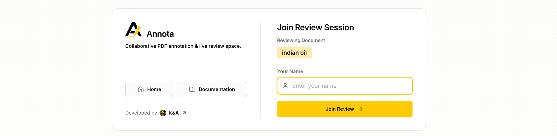 Annota Review Lobby - Enter Name